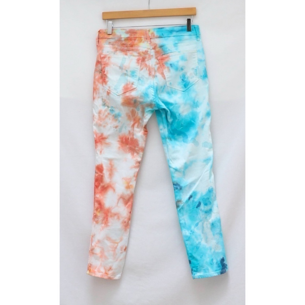 H&M tie dye skinny ankle jeans blue orange asymmetrical 30 rave festival fun - Picture 3 of 9